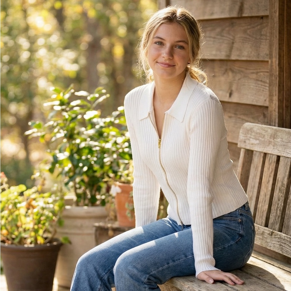 No Boundaries Sweater Top Jr..Size XXL /19 White Ribbed Zip-Up Collared Stretch - Picture 2 of 5